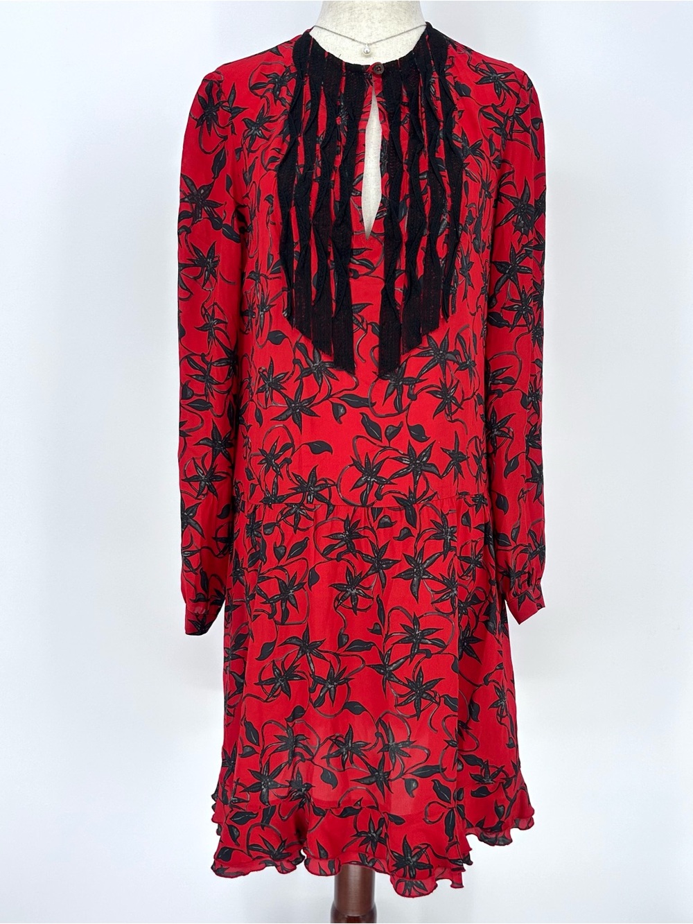 Zadig & Voltaire Silk Dress Red Black Floral Lace Trim Boho Mini Size S